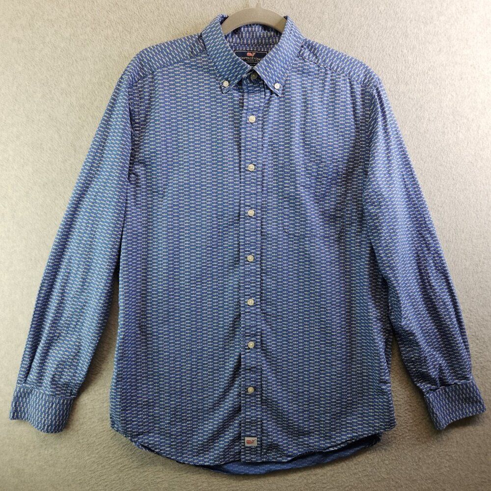 Vineyard Vines Shirt Mens M Blue Fish Bone Print Slim Fit Murray Resortwear - Picture 13 of 13